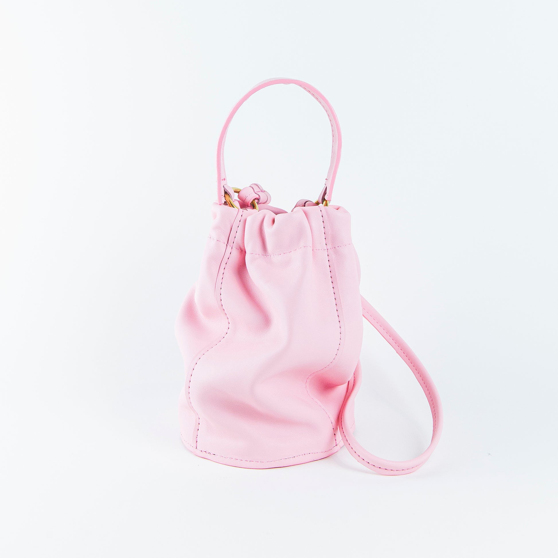 pink bucket bag, luxury bucket bag, pink leather bucket bag, pink handbag