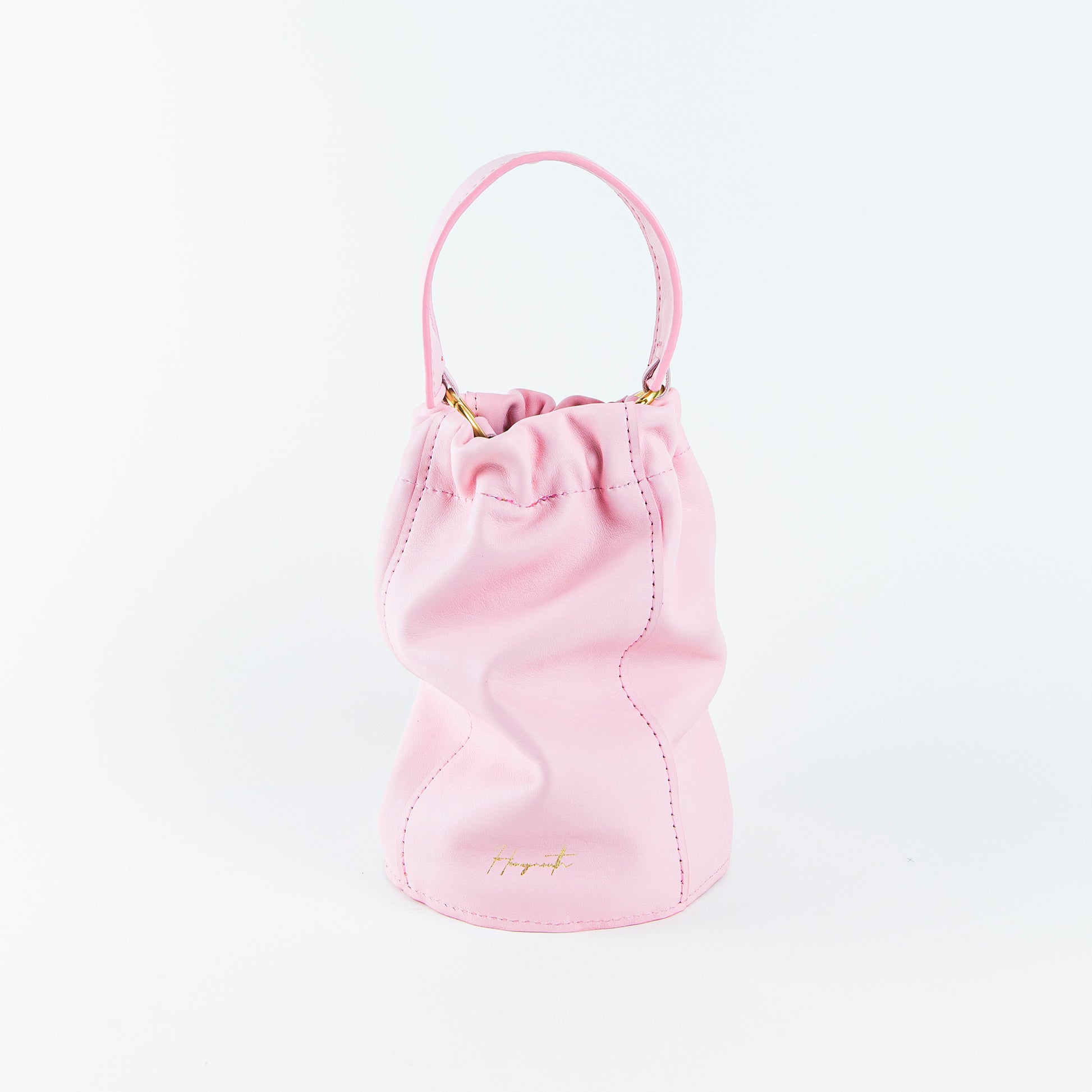 pink bucket bag, luxury bucket bag, pink leather bucket bag, pink handbag