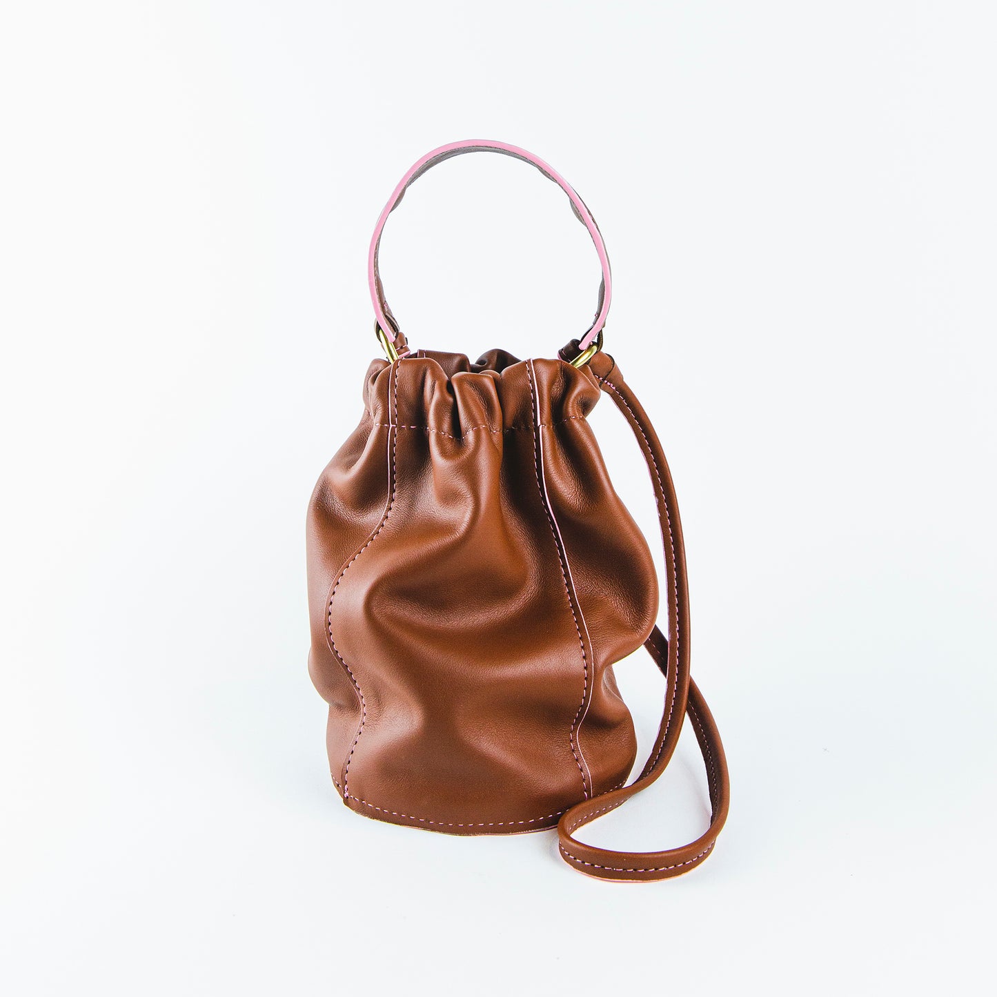 brown leather bucket bag, brown bucket bag, luxury leather bucket bag