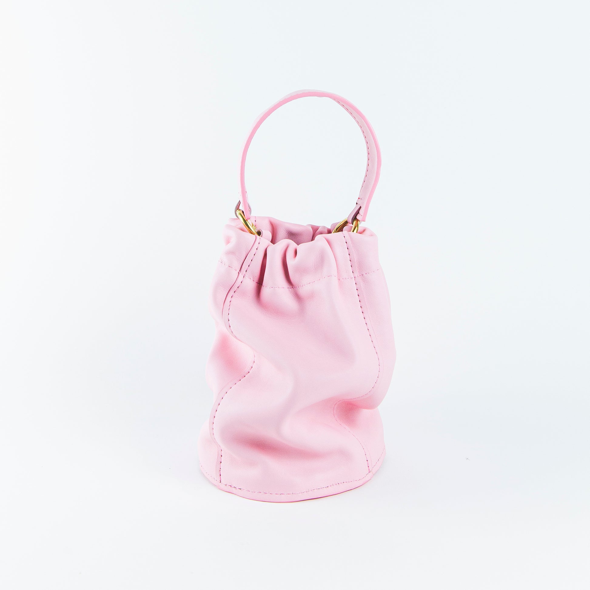 pink bucket bag, luxury bucket bag, pink leather bucket bag, pink handbag